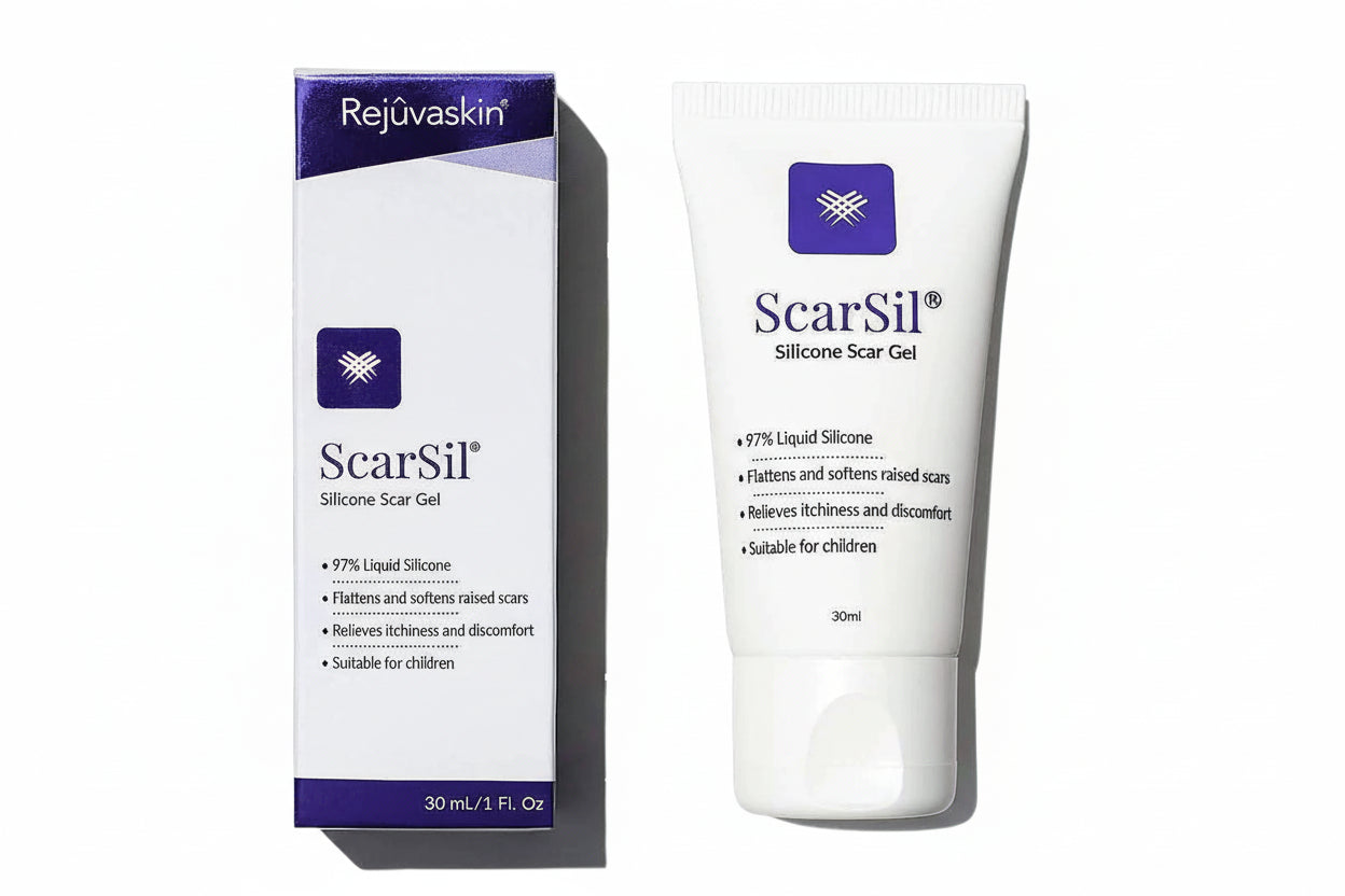 ScarSil silicone scar gel with packaging on a light blue background